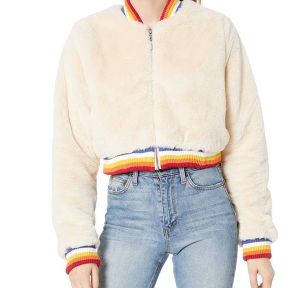 NEW Spiritual Gangster Furry Crop Jacket Rainbow NWOT - Picture 1 of 14